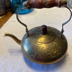 Vintage Indian Brass Tea Kettle with wooden handle. 5.35 wide 6.75 tall.